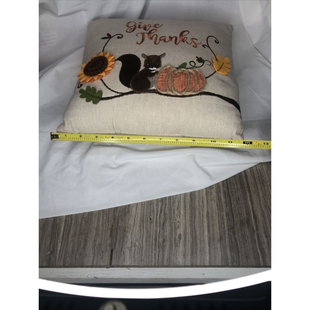 Farmhouse Autumn Give Thanks Squirrel Embroidered Throw Pillow 12” CUTE!! - Picture 6 of 8